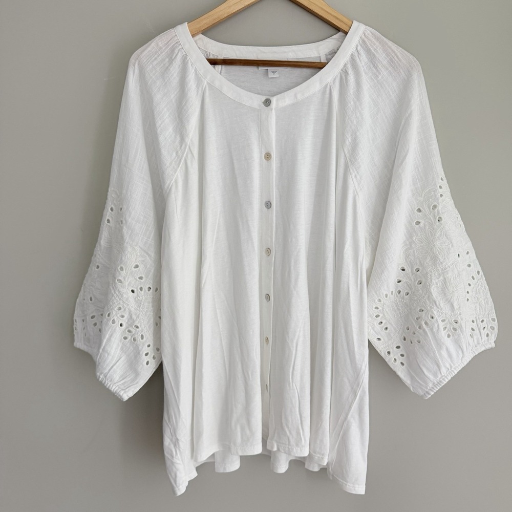 J. Jill White Button-Front Eyelet Sleeve Blouse